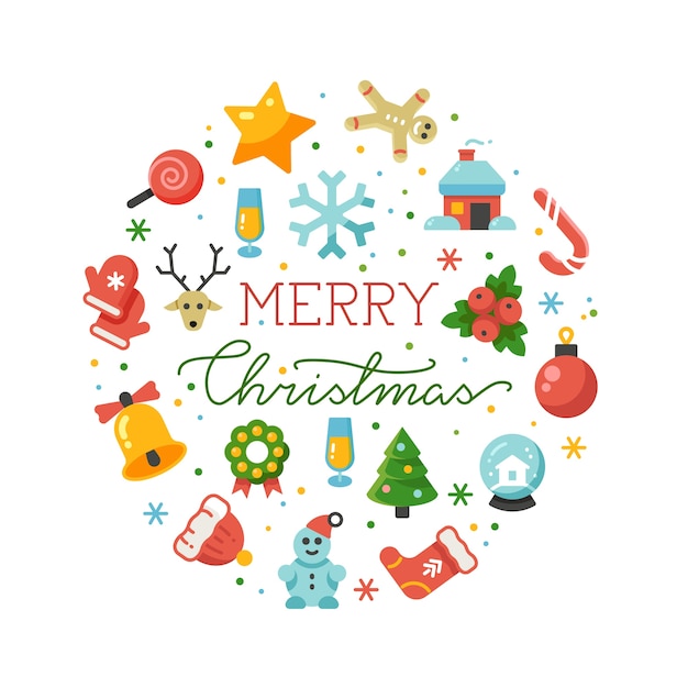 Feliz Natal com fundo redondo com ícones lisos isolados no branco