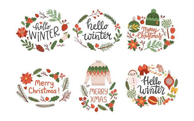 Feliz natal com grinalda olá letras de inverno vetor de design plano isolado