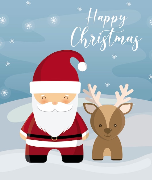 Feliz Natal com Papai Noel e renas na paisagem de inverno
