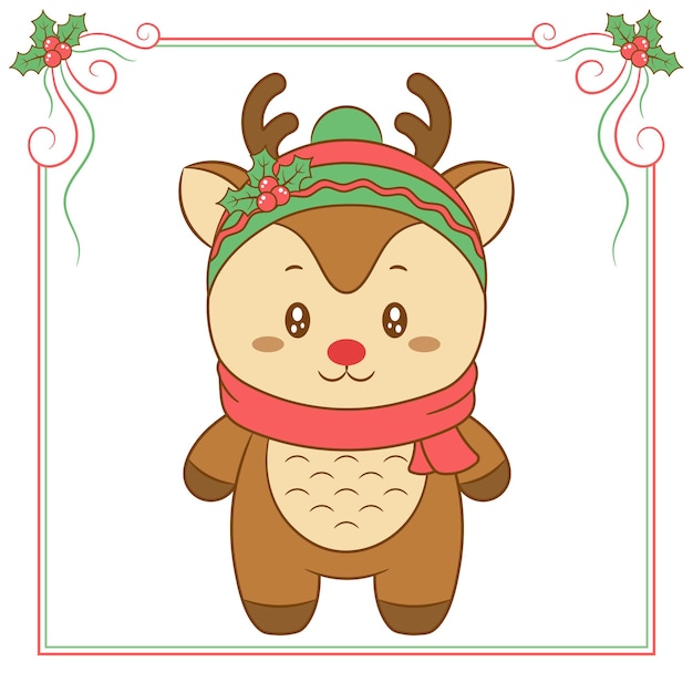 Feliz Natal Com Lindo Cervo Kawaii Desenhado à Mão Usando Lenço