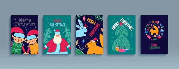 Feliz natal conjunto de modelos de cartazes, cartões, folhetos ilustração dos desenhos animados de feliz ano novo