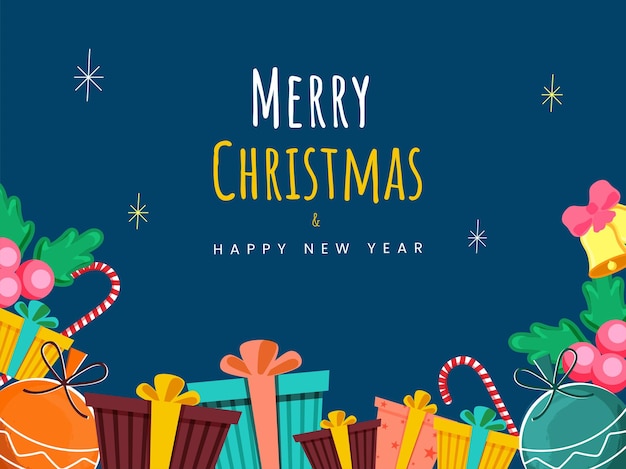 Feliz Natal e ano novo conceito de celebração com caixas de presente coloridas, enfeites, Jingle Bell e Holly Berries sobre fundo azul.