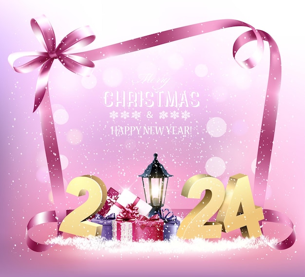 Feliz natal e ano novo fundo de feriado com 2024 e caixas de presentes coloridas vector
