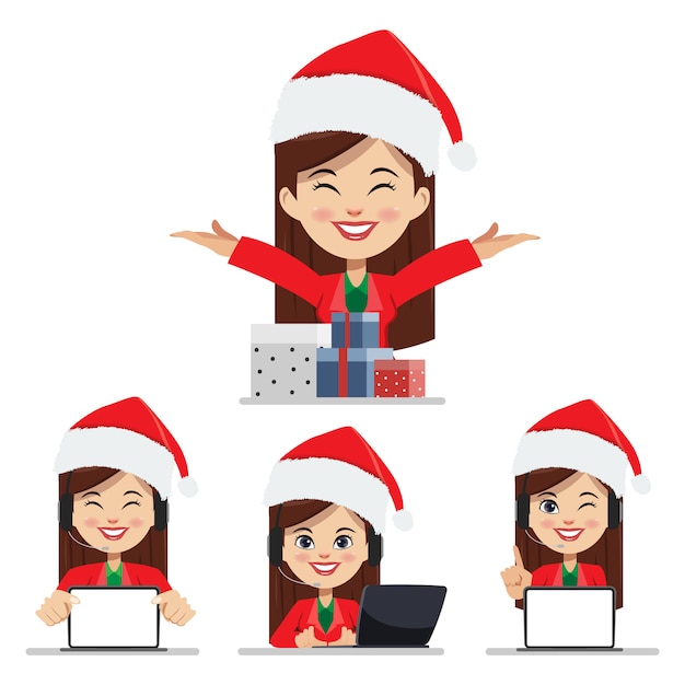 Feliz natal e call center mulher com conjunto de caixa de presente.