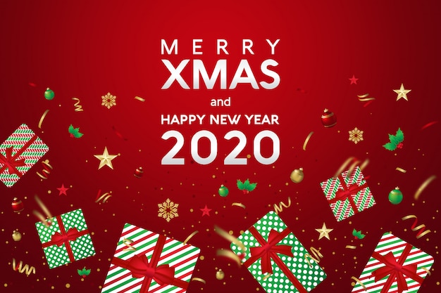 Feliz natal e feliz ano novo 2020 cartão com presentes