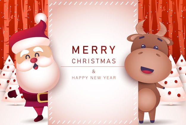 Feliz natal e feliz ano novo 2021 cartão com touro