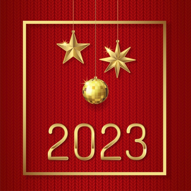 Feliz natal e feliz ano novo 2023 banner pendurado estrelas, moldura e bolas de glitter dourado