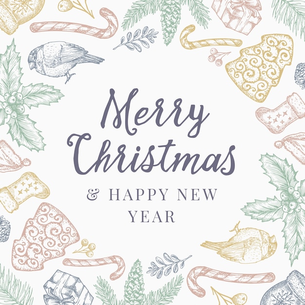Feliz natal e feliz ano novo abstrato de fundo, convite ou cartão com tipografia retro.