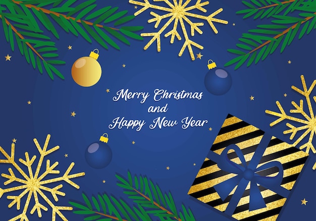 Feliz natal e feliz ano novo banner com galhos de brinquedos de natal estrelas flocos de neve e presente