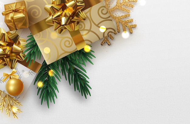 Feliz Natal e Feliz Ano Novo. Banner de Natal, pôster da web. Holiday Design com objetos decorativos 3d realistas. Fundo festivo de Natal. ilustração vetorial