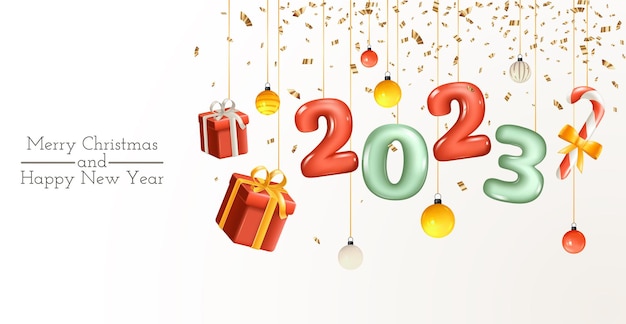 Feliz natal e feliz ano novo banner. elementos de tendências 3d realistas para design de natal