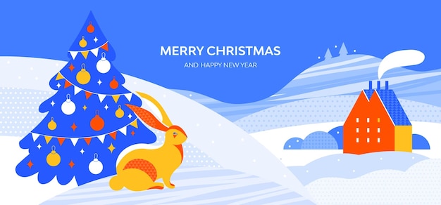 Feliz natal e feliz ano novo banner horizontal paisagem de inverno do campo com casa aconchegante lebre bonita ou coelho perto da árvore de natal símbolo do coelho do zodíaco chinês ilustração em vetor