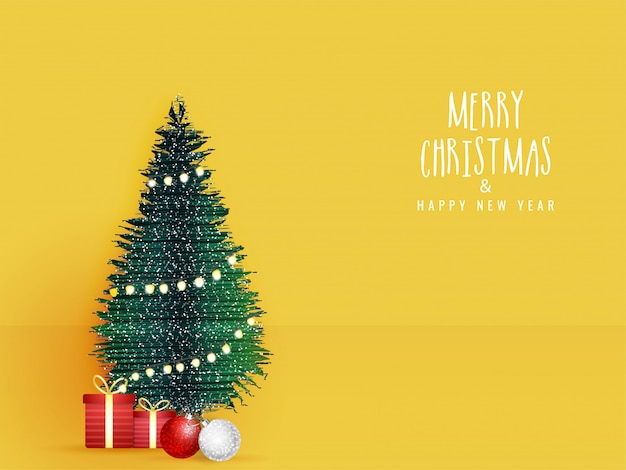 Feliz natal e feliz ano novo cartão celebração com árvore de natal decorativa, caixas de presente e enfeites em amarelo.