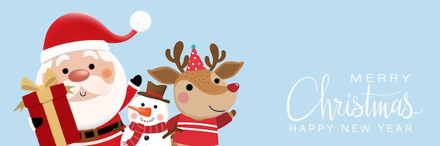 Feliz natal e feliz ano novo cartão com boneco de neve e cervo bonito do papai noel