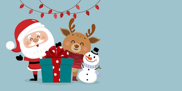 Feliz Natal e feliz ano novo cartão com boneco de neve e veado pequeno duende do Papai Noel