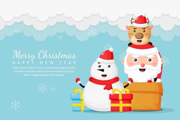 Feliz natal e feliz ano novo cartão com boneco de neve fofo e papai noel