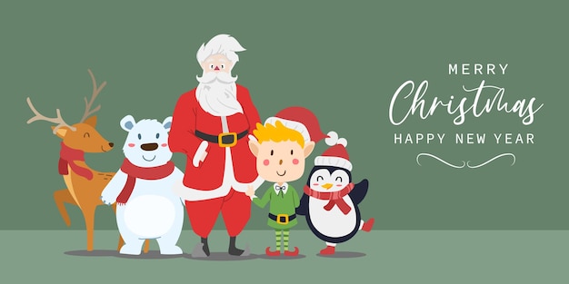 Feliz natal e feliz ano novo cartão com desenhos animados de papai noel, renas, urso polar, menino elfo e pinguim. ilustração vetorial.