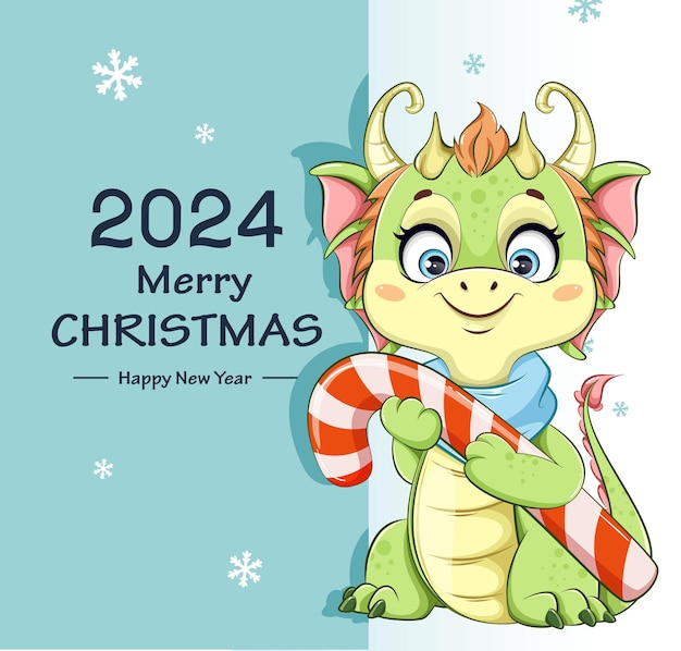 Vetor feliz natal e feliz ano novo, cartão de saudação, bonito dragão com bengala de chocolate.
