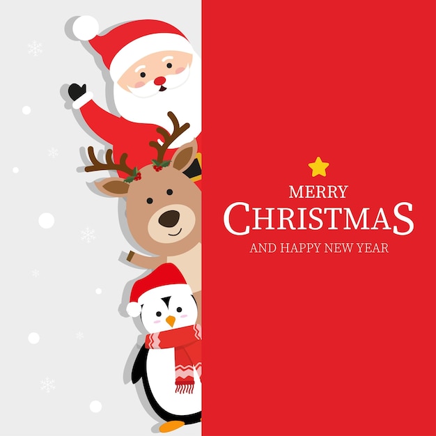 Feliz Natal e Feliz Ano Novo cartão de saudação com bonito cervo de Papai Noel e pinguim Vector gra