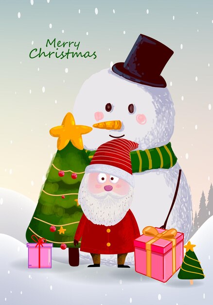 Feliz Natal e feliz ano novo cartão de saudação com design vetorial de personagens de desenhos animados fofos