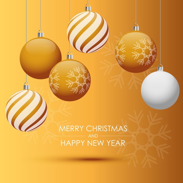Feliz Natal e feliz ano novo cartão-presente com bolas douradas. Fundo elegante do vetor