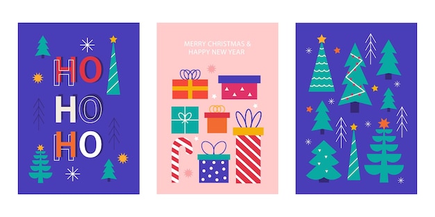 Feliz Natal e Feliz Ano Novo cartaz de saudação conjunto moderno vetor geométrico colorido