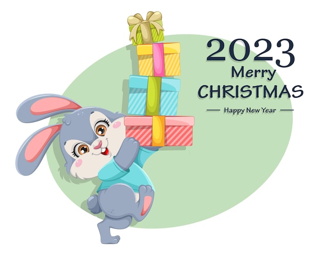 Feliz natal e feliz ano novo coelho de desenho animado