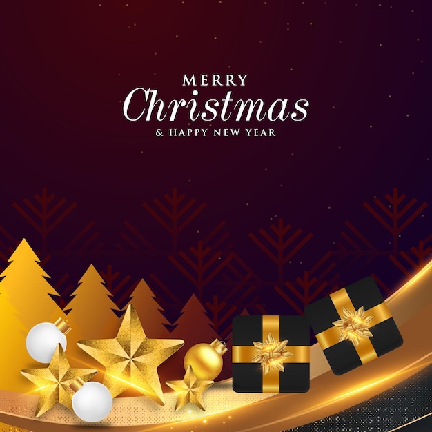 Feliz natal e feliz ano novo com banner de postagem da web em mídia social dourada realista