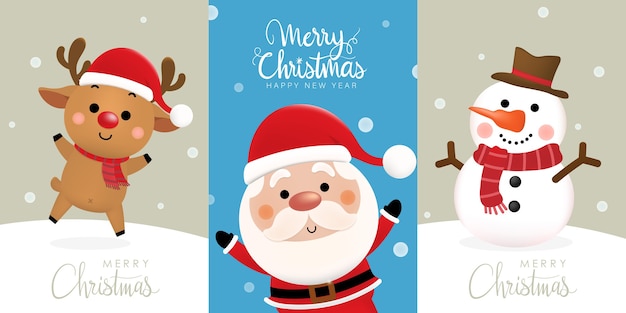 Mão desenhar desenho animado bonito feliz natal, papai noel e renas e  boneco de neve em letras grandes