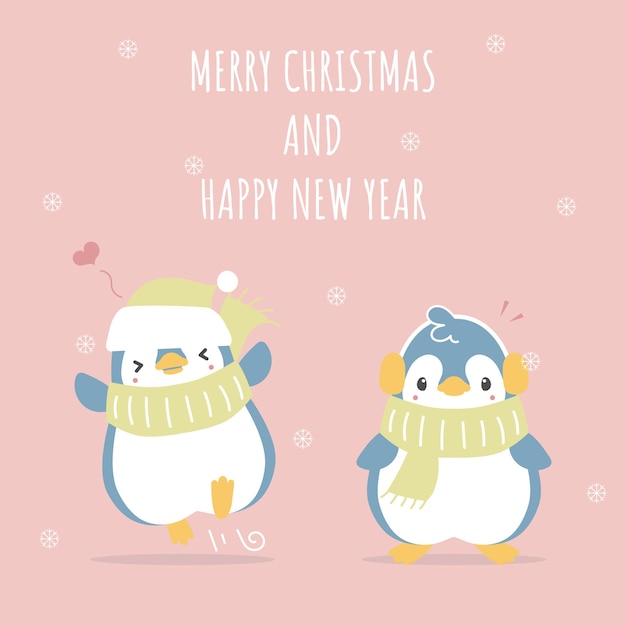 Feliz natal e feliz ano novo com pinguim bonito e adorável casal desenhado à mão