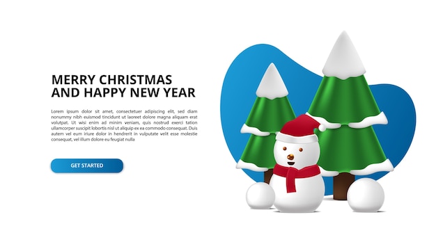 Feliz natal e feliz ano novo com um pinheiro fofo 3d com um boneco de neve fofo