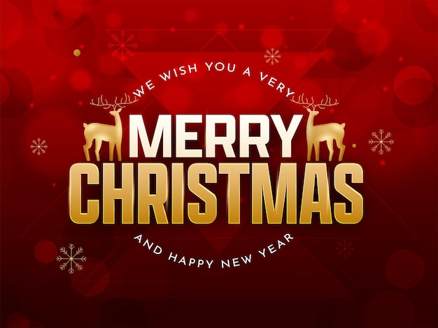 Feliz natal e feliz ano novo desejos com duas renas douradas e flocos de neve em fundo vermelho bokeh.