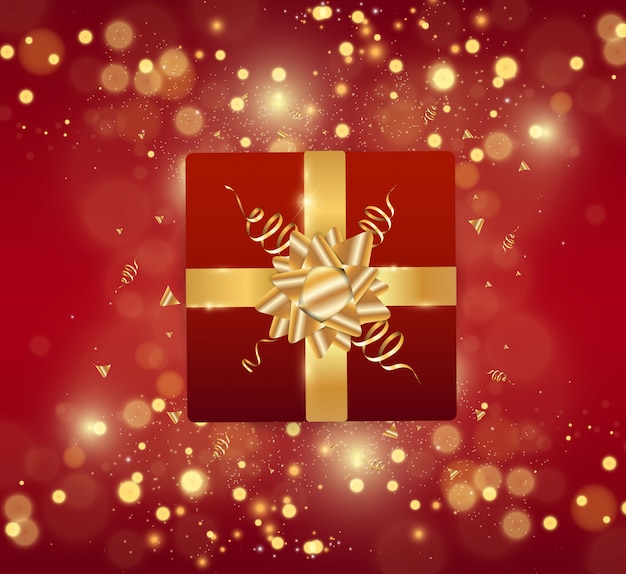 Vetor feliz natal e feliz ano novo festivo realista fundo vermelho. ilustração do ano novo com caixa de presente e enfeites de natal dourado.