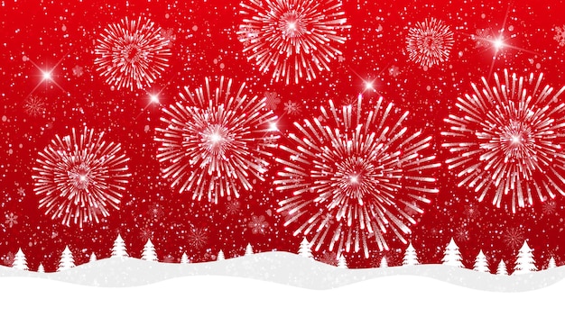 Feliz natal e feliz ano novo, fogos de artifício em um fundo de neve