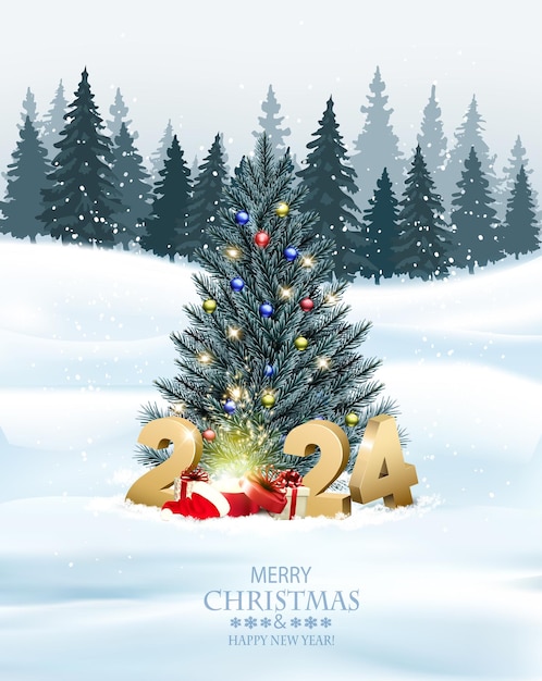 Vetor feliz natal e feliz ano novo fundo de feriado com caixa mágica árvore de natal e brilho dourado números de 2024 vetor