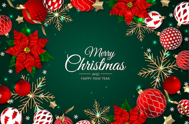 Feliz Natal e Feliz Ano Novo. Fundo de Natal com bolas vermelhas realistas. Composição de desenho de queda de levitação.