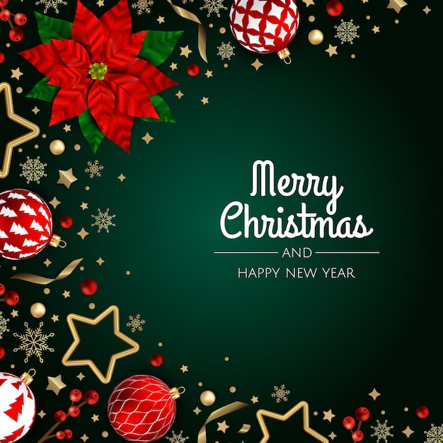 Feliz Natal e Feliz Ano Novo Fundo de Natal com design de estrela e bolas de flocos de neve poinsettia