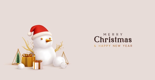 Feliz Natal e Feliz Ano Novo. Fundo festivo de Natal. Boneco de neve de objetos 3d realistas, caixas de presentes, árvore de elementos de design decorativo e neve. Cartão de férias, banner, pôster da web.