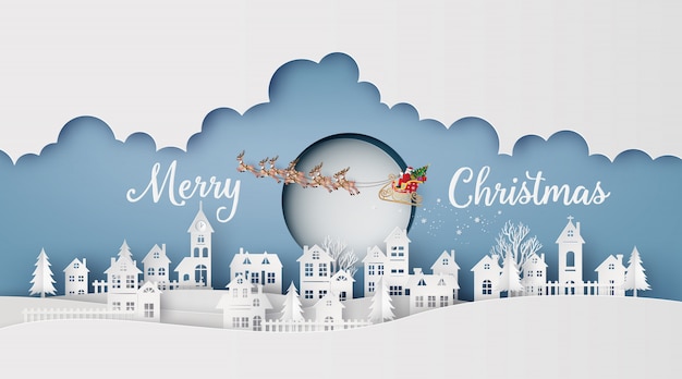 Feliz Natal e Feliz Ano Novo. Ilustração de Papai Noel no céu chegando à cidade.
