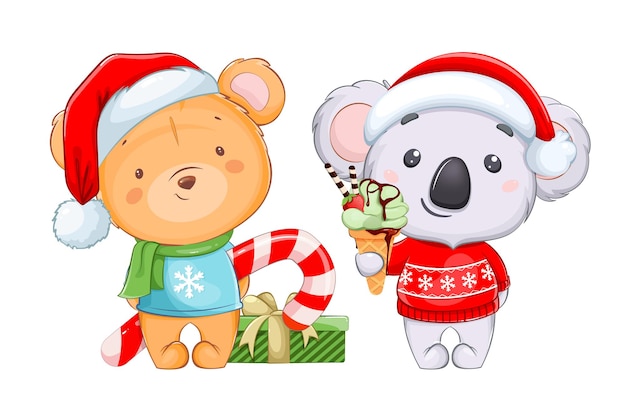 Feliz natal e feliz ano novo. personagens de desenhos animados, coala engraçado com chapéu de papai noel segurando sorvete e fofo urso de pelúcia com bastão de doces grande. ilustração em vetor de estoque