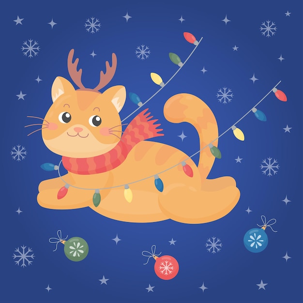 Feliz Natal e feliz ano novo postal com flocos de neve de bolas de natal vermelhas guirlanda de gato