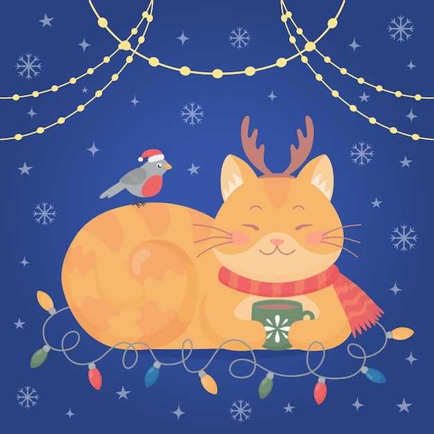 Feliz Natal e feliz ano novo postal com flocos de neve de guirlandas de pássaros e gatos fofos