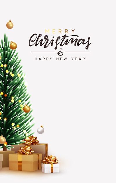 Feliz Natal e Feliz Ano Novo. Presentes de Natal debaixo da árvore de Natal. Árvore de pinheiro decorativa. Caixas de presente marrons e brancas realistas. Fundo festivo Cartão, banner, cartaz.
