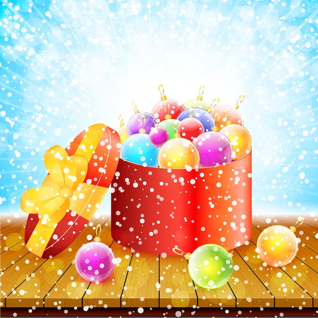 Vetor feliz natal e feliz ano novo saudação fundo paisagem de inverno com neve e bolas coloridas em caixa vermelha na ilustração vetor de mesa de madeira