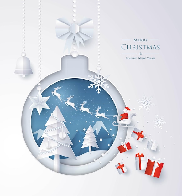 Feliz Natal e Feliz Ano Novo sino da árvore de Natal e neve Papai Noel no céu