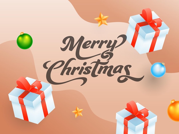 Feliz Natal e Feliz Ano Novo texto com caixas de presentes 3D bolas estrelas em fundo de pêssego gradiente