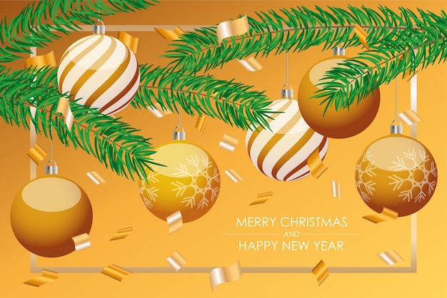 Feliz natal e feliz ano novo vale-presente com bolas douradas em um galho de árvore. fundo de vetor elegante com confete de ouro para design de natal.