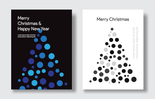 Feliz natal e feliz ano novo vetor de design de pôsteres com formas abstratas modernas de pontos azuis