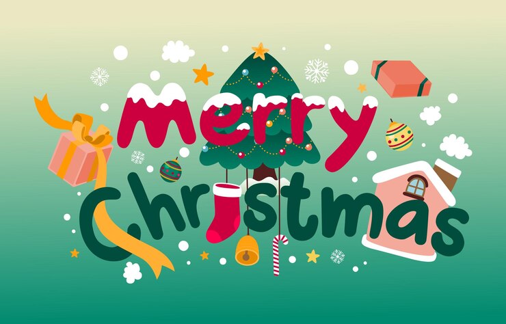 Feliz Natal em tipografia Doodle com árvore de Natal