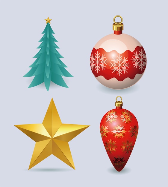 Feliz natal, esferas, estrela e pinheiro, desenho